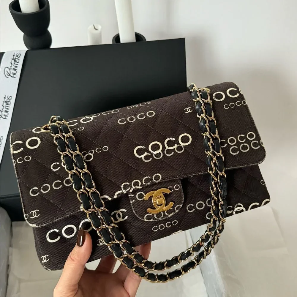 Chanel Canvas Coco Print Quilted Medium Classic Flap Double Flap Black White - Picture 3 of 16